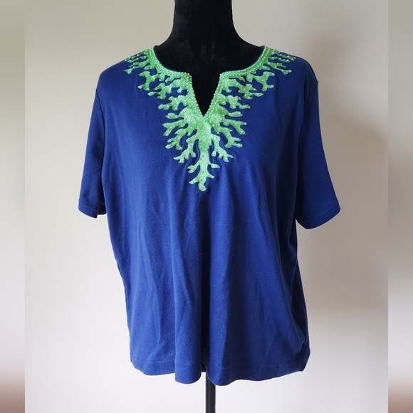 Quacker Factory Blue Short Sleeve Coral Embroidered Women's Shirt Sz 1X. - Picture 1 of 6